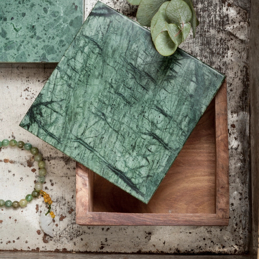 Marmer/houten doos 12,5 x 12,5 x 6 cm | groen/marmer
